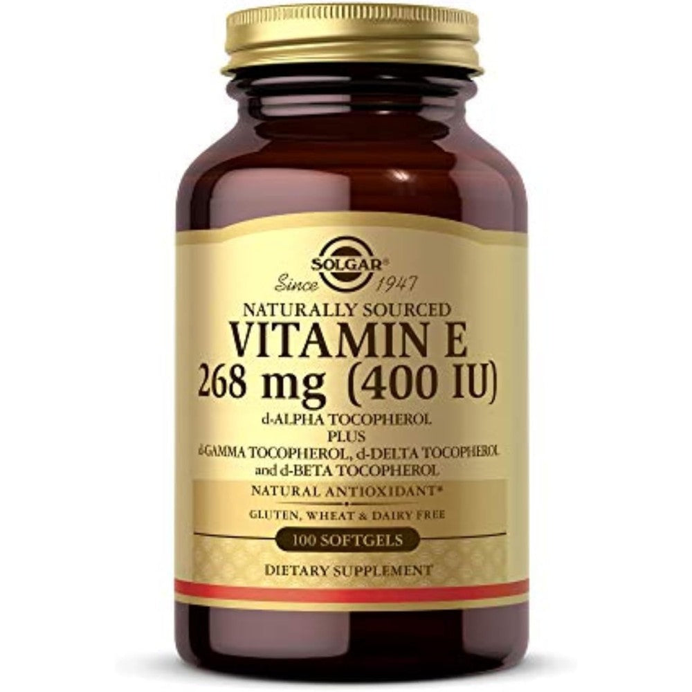 Solgar Vitamin E 268 mg 400 IU 100 softgels amber bottle front view