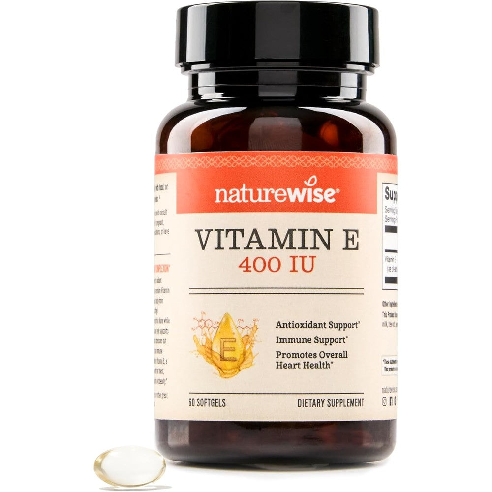 NatureWise Vitamin E 400 IU 60 softgels front view showcasing imported premium antioxidant supplement packaging.
