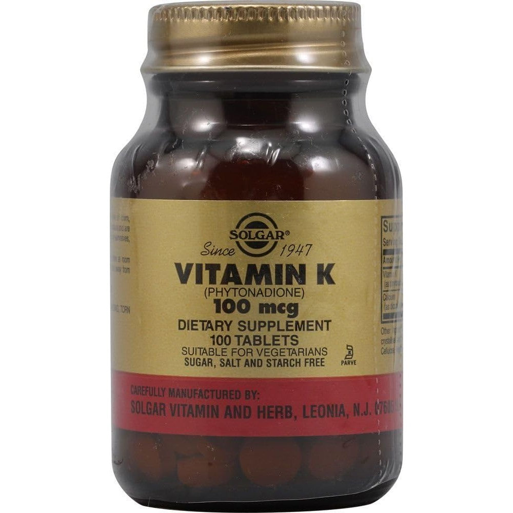 Solgar Natural Vitamin K 100 microgram dietary supplement bottle front view