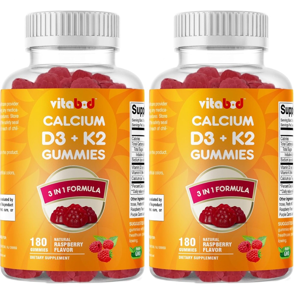 Vitabod Vitamin D3 K2 Gummies front view of the twin pack bottles showing the raspberry flavor logo.