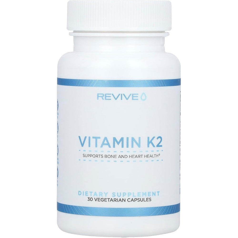 Revive MD Vitamin D3 and K2 front view bottle showing sixty vegetarian capsules for premium bone health.