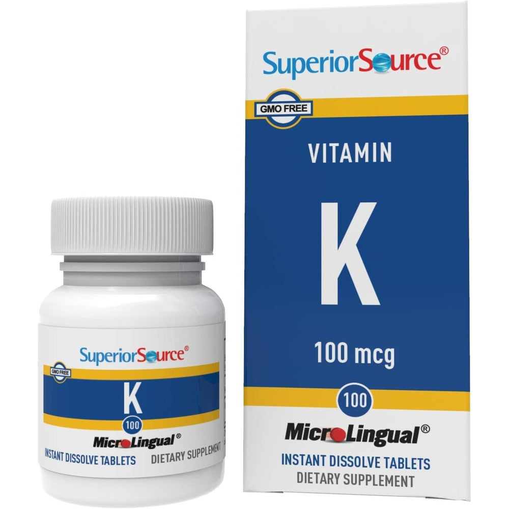 Superior Source Vitamin K1 100mcg MicroLingual tablets front packaging for bone health.