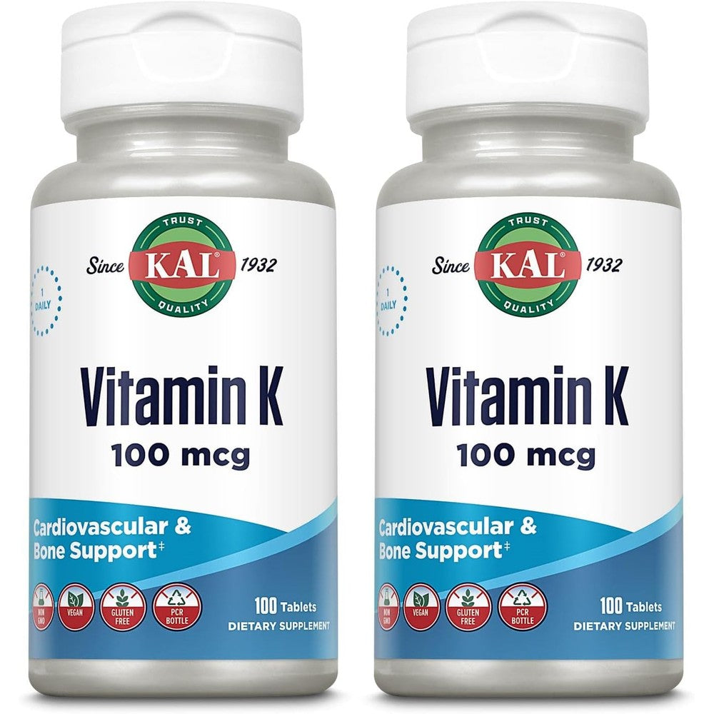 KAL Vitamin K1 100mcg tablets pack of 2 front view bottle for bone density and skeletal support