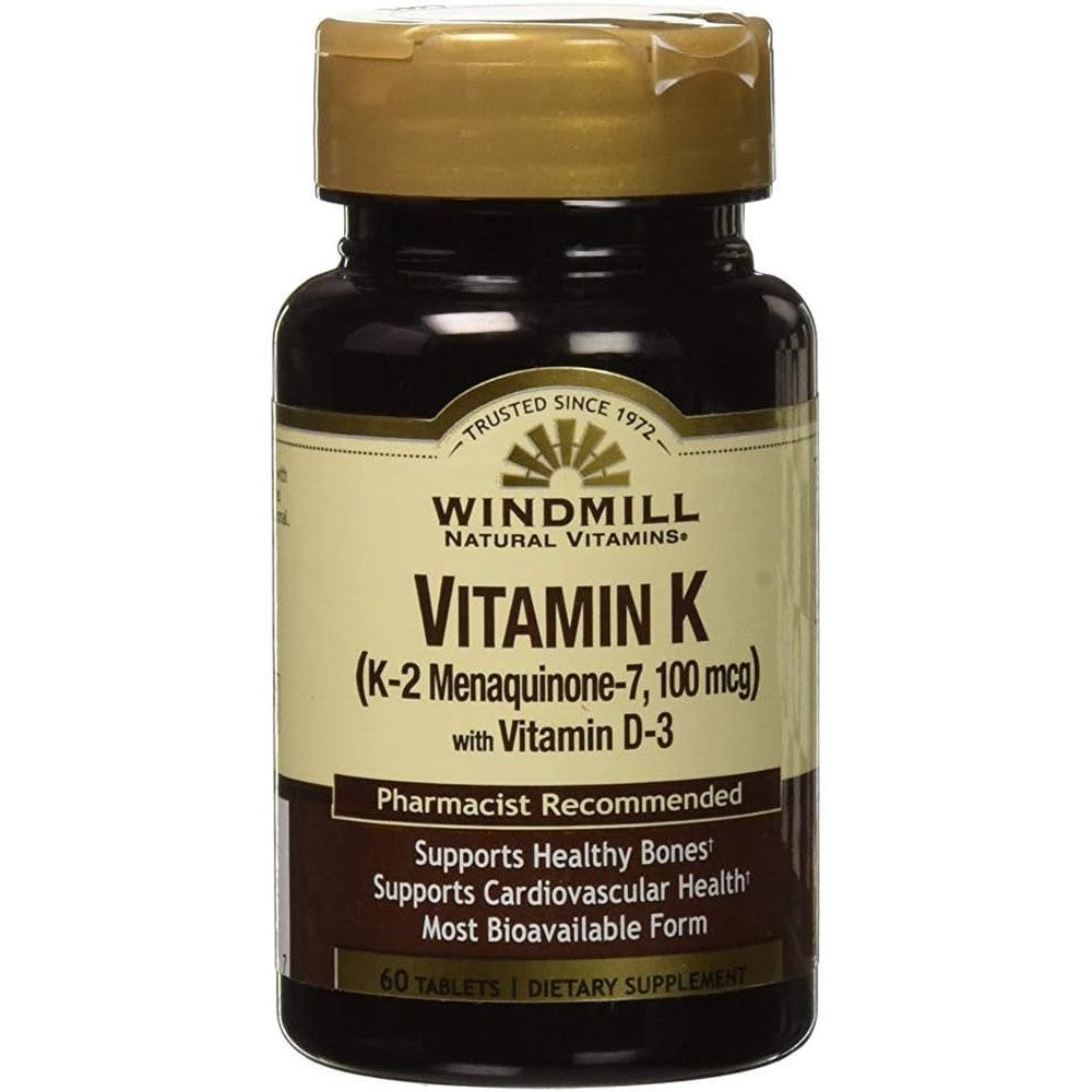 Windmill Natural Vitamins Vitamin K2 and D3 sixty tablets front view bottle for bone strength and cardiovascular support.