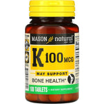 Mason Natural Vitamin K 100 mcg tablets front view bottle for bone health