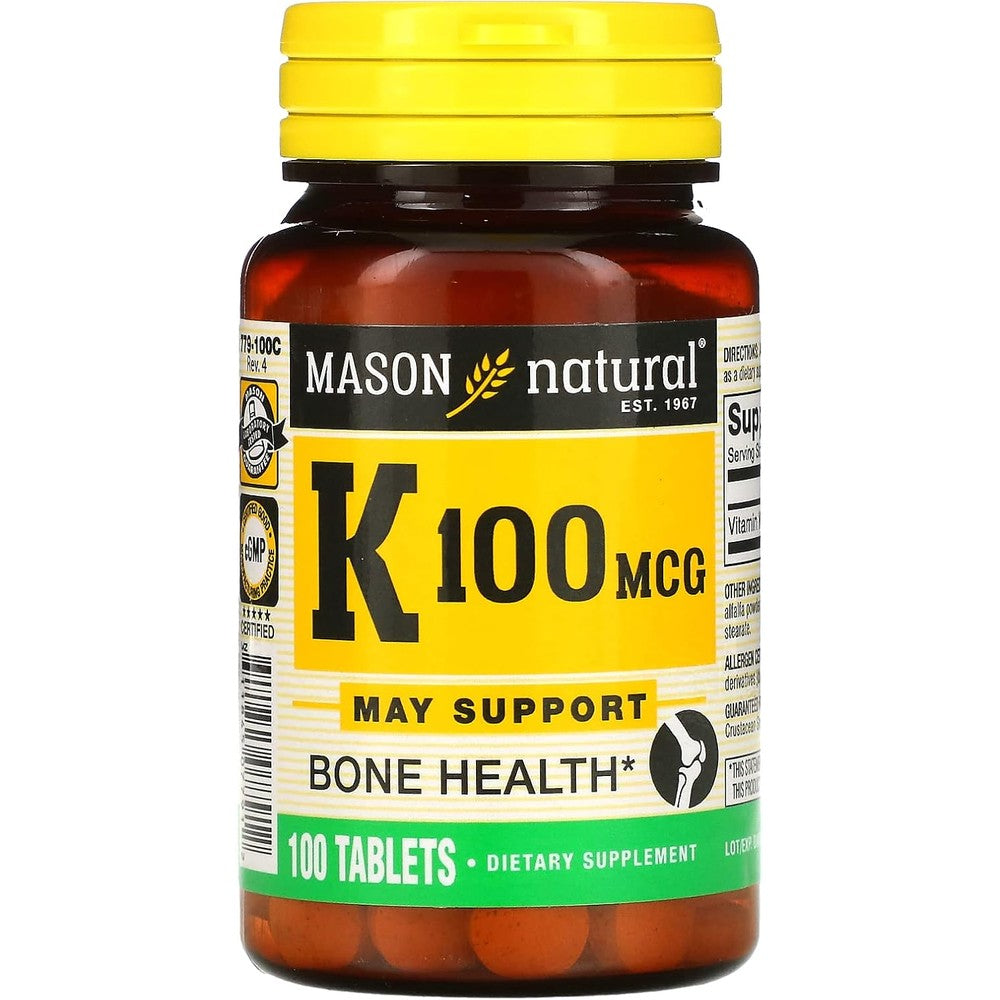 Mason Natural Vitamin K 100 mcg tablets front view bottle for bone health