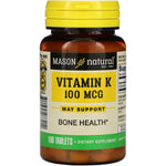 Mason Natural Vitamin K 100 Mcg 100 Tablets front bottle view showing bone health support