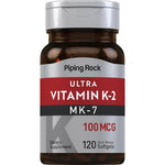 Piping Rock Vitamin K2 MK7 100 mcg 120 softgels front bottle view showing premium imported packaging.