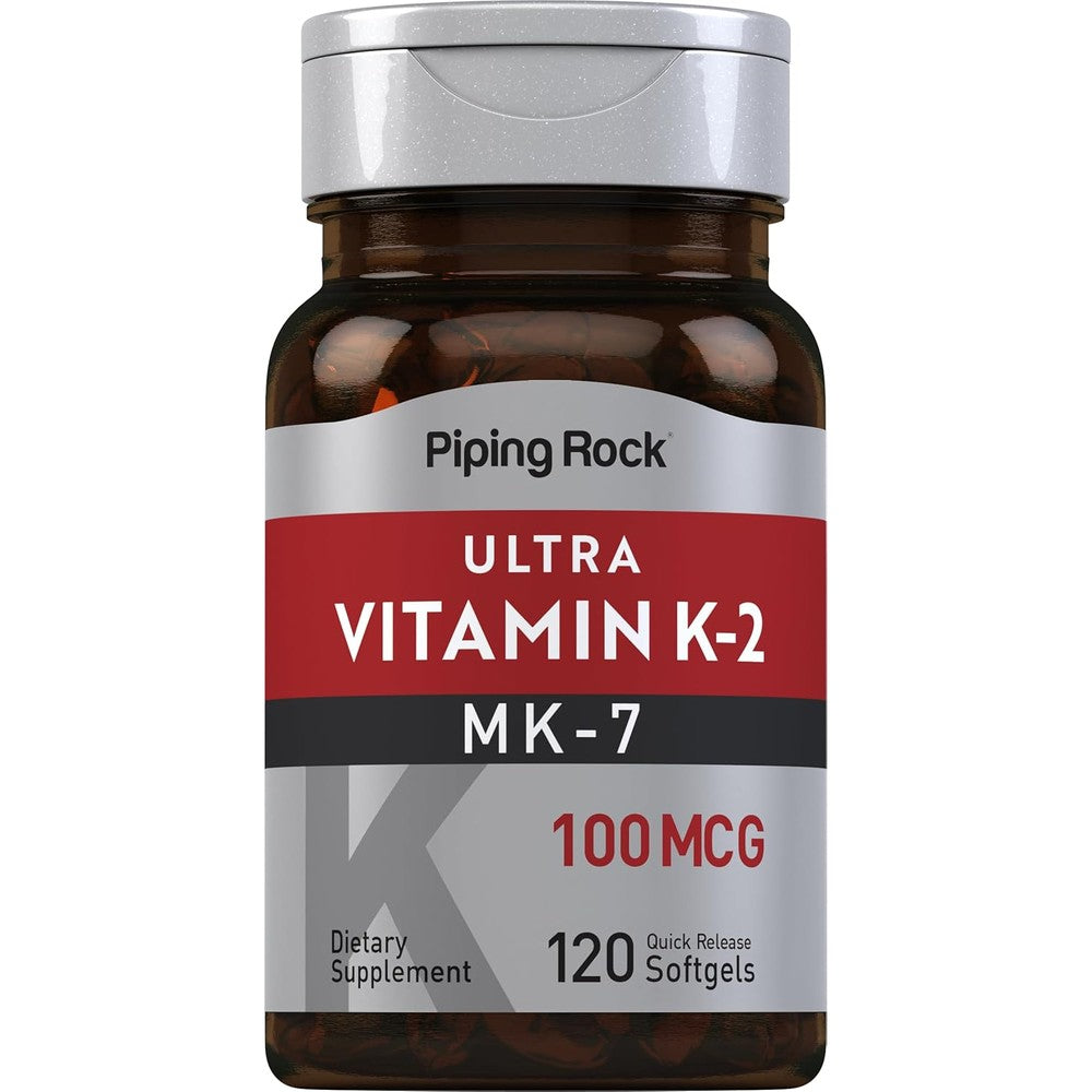 Piping Rock Vitamin K2 MK7 100 mcg 120 softgels front bottle view showing premium imported packaging.