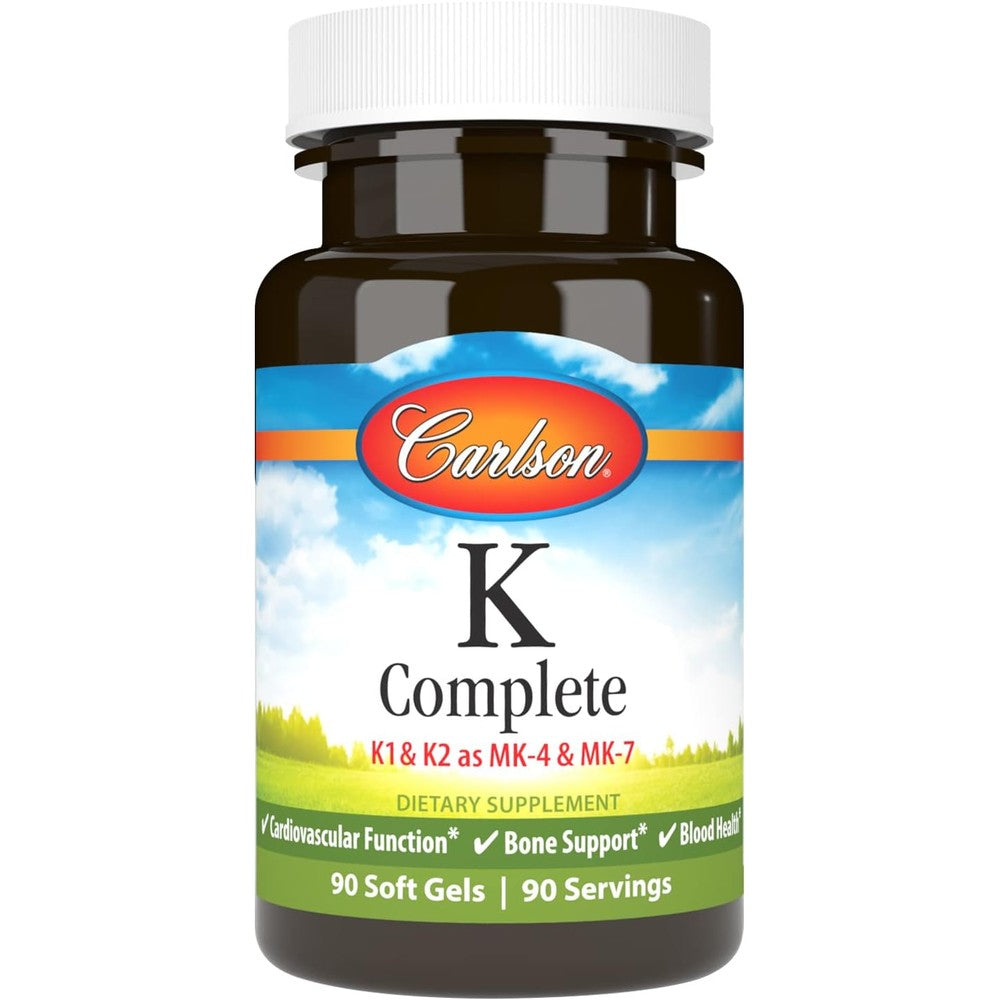 Carlson Lab K Complete Vitamin Complex 90 Softgels front bottle view showing essential ingredients.