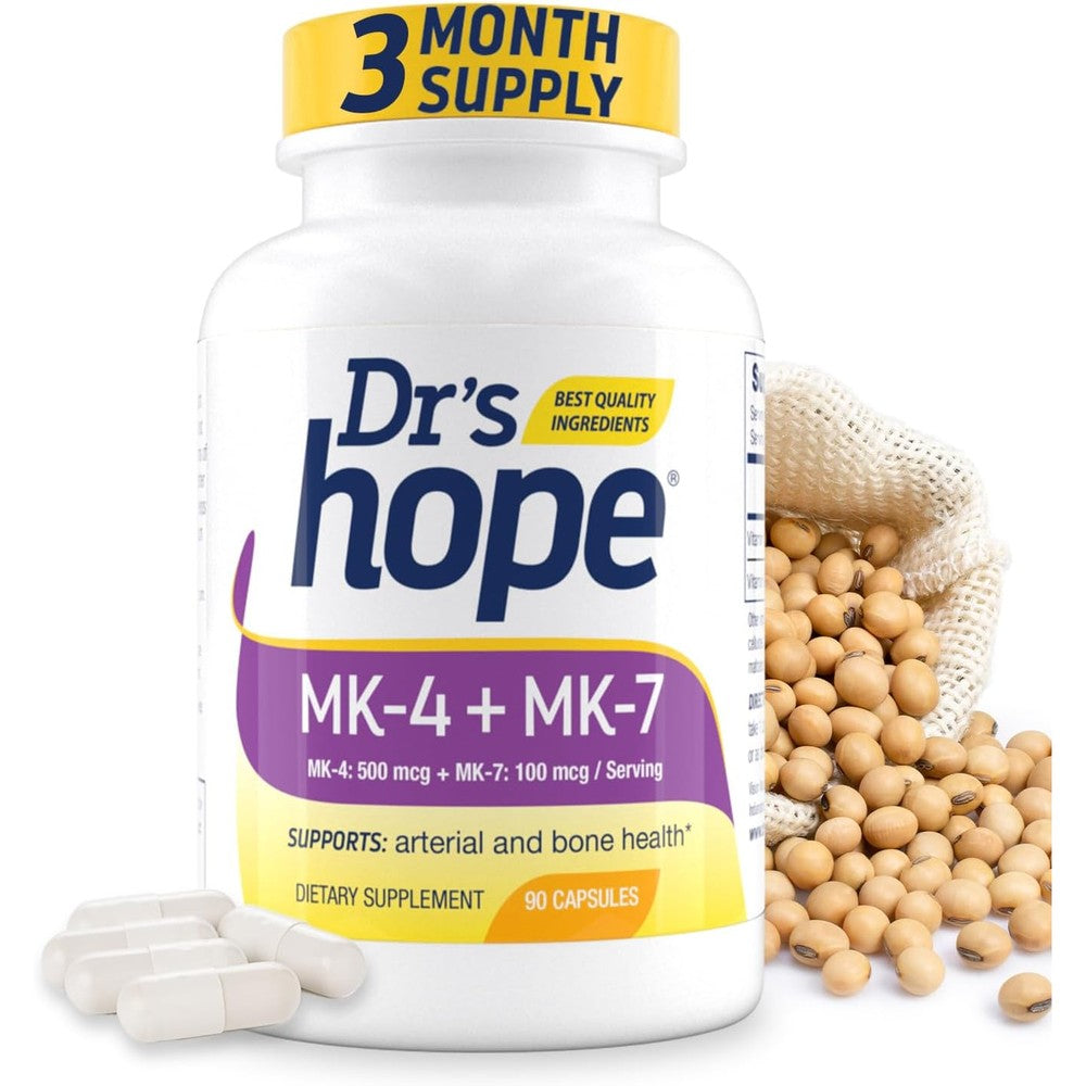 Dr's Hope Vitamin K2 MK4 and MK7 ninety capsules front view showing bottle label information.