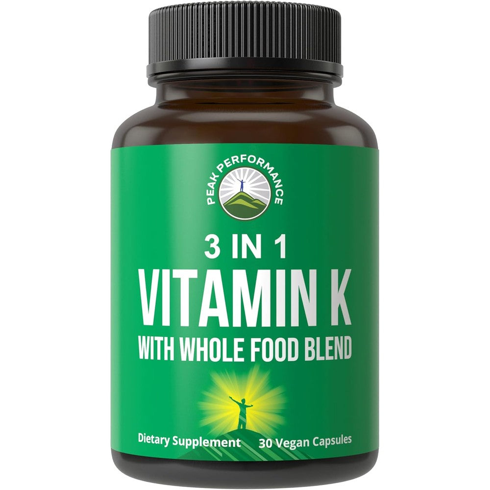 Peak Performance Vegan Vitamin K bottle front view showing whole food blend features