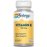 Solaray Vitamin K1 100 Mcg 100 Tablets front view showing the product label for bone and blood support.
