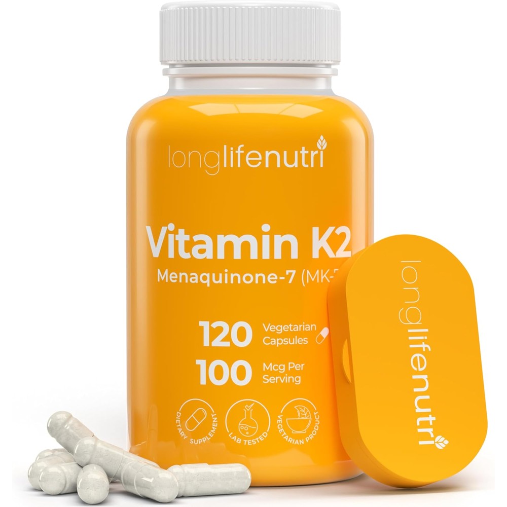 LongLifeNutri Vitamin K2 MK7 100mcg bottle front view showing 120 vegetarian capsules label for bone health.