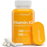 LongLifeNutri Vitamin K2 MK7 100mcg bottle front view showing 120 vegetarian capsules label for bone health.