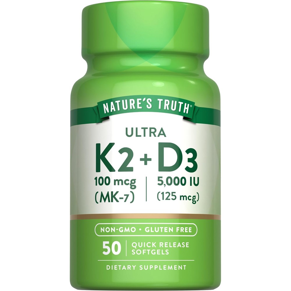 Nature's Truth Vitamin K2 MK7 with D3 50 softgels front view bottle for bone health