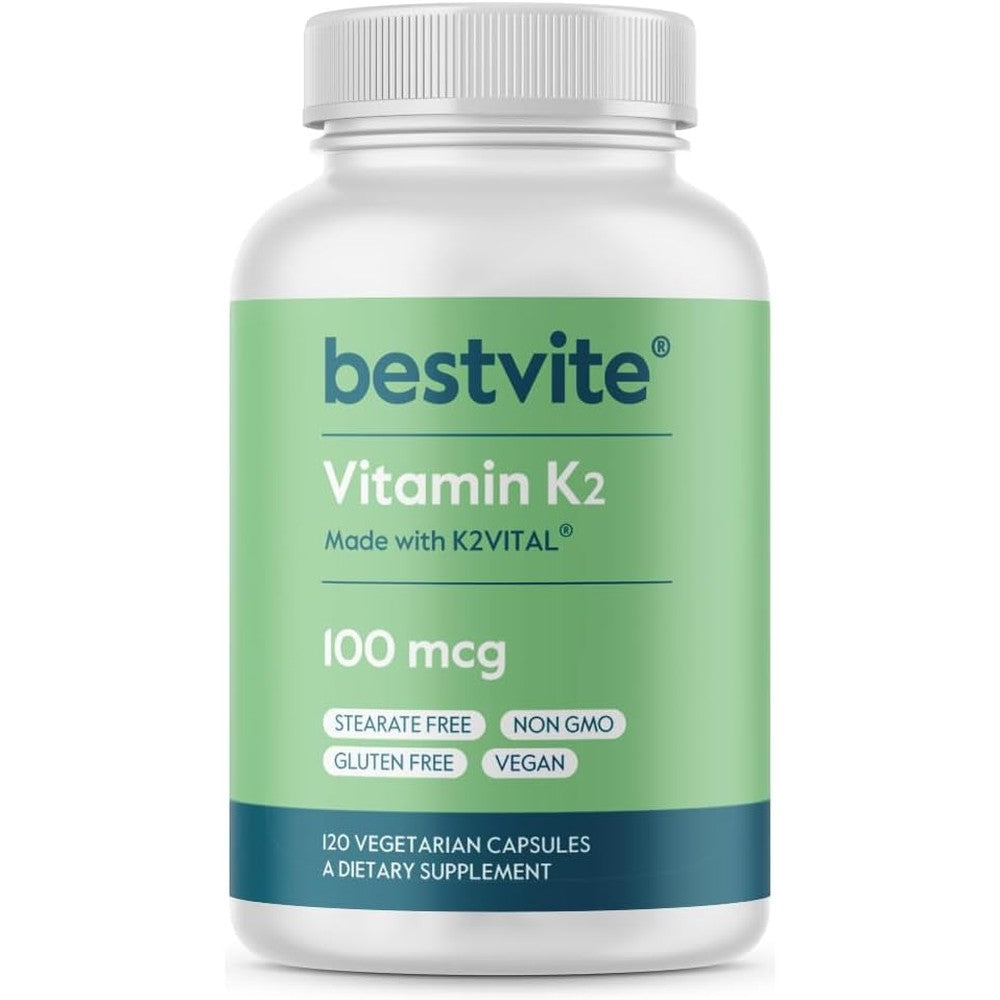 Bestvite Vitamin K2 MK7 100 mcg front view bottle of authentic imported supplement