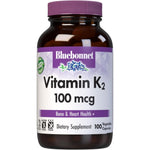 Bluebonnet Vitamin K2 MK7 100 mcg 100 vegetable capsules front bottle view for bone health
