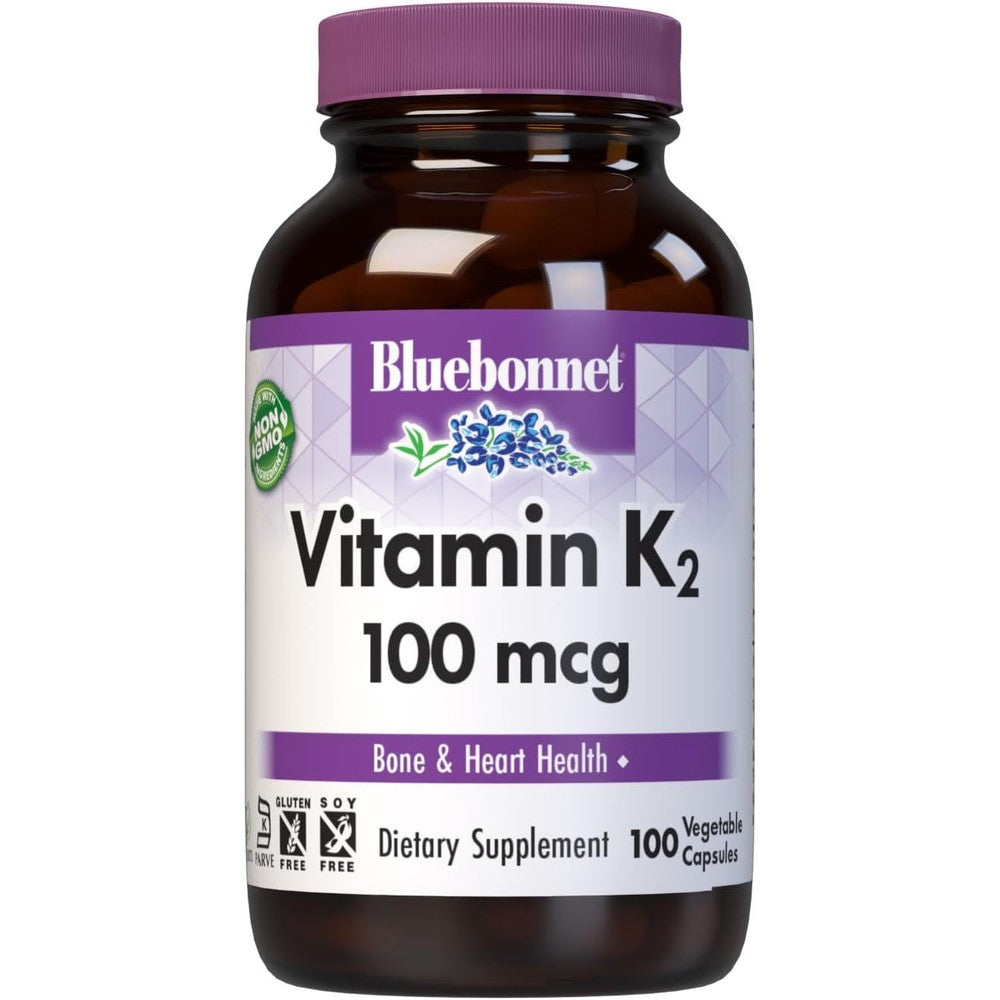 Bluebonnet Vitamin K2 MK7 100 mcg 100 vegetable capsules front bottle view for bone health