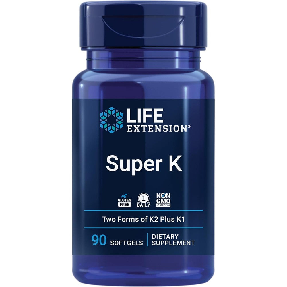 Life Extension Super K Advanced Vitamin K Complex 90 softgels front bottle view.