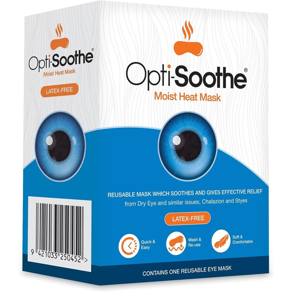AFT Pharmaceuticals Opti-Soothe Moist Heat Mask front view showing the soft blue fabric and adjustable strap.