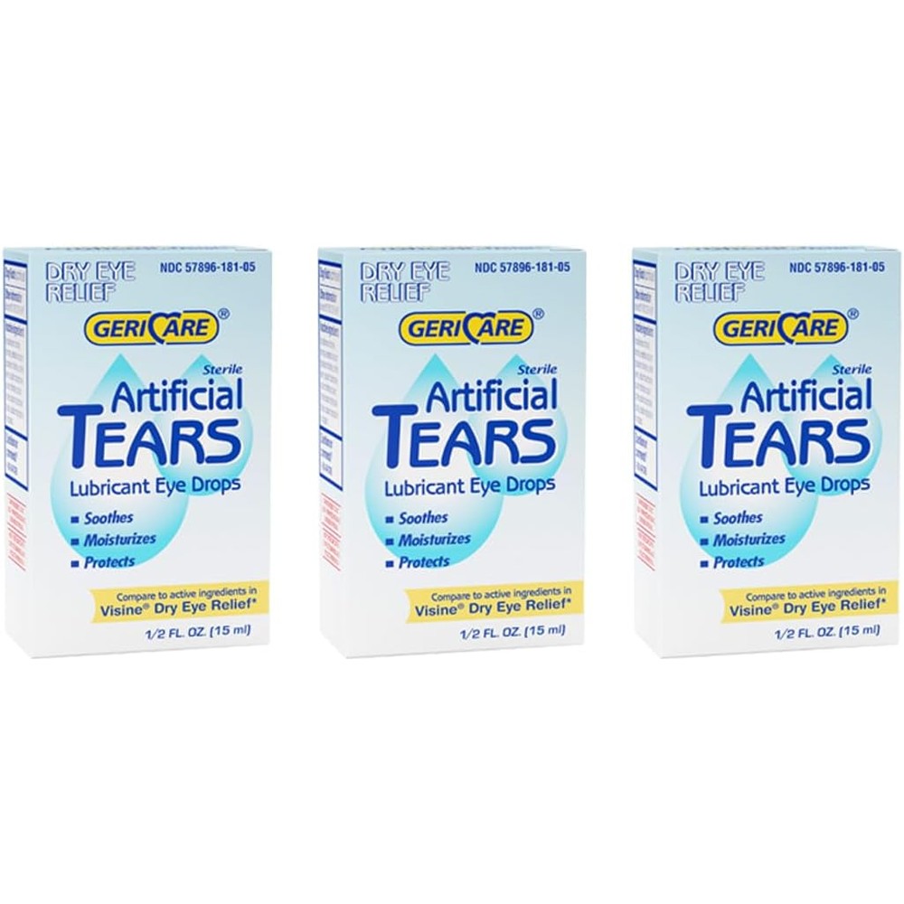 GeriCare Artificial Lubricating Tears front view of three bottle pack