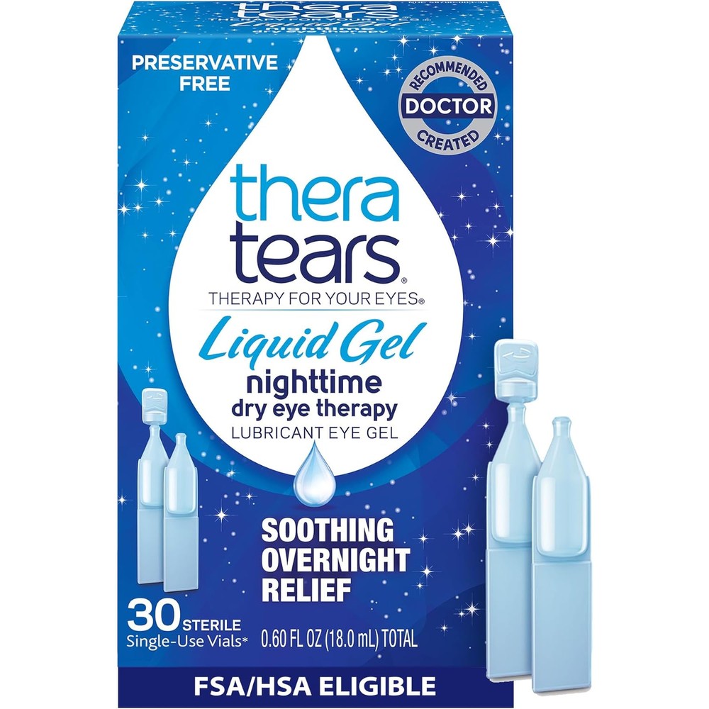 TheraTears Liquid Gel Nighttime Lubricating Eye Drops front view of 30 count box for dry eye relief