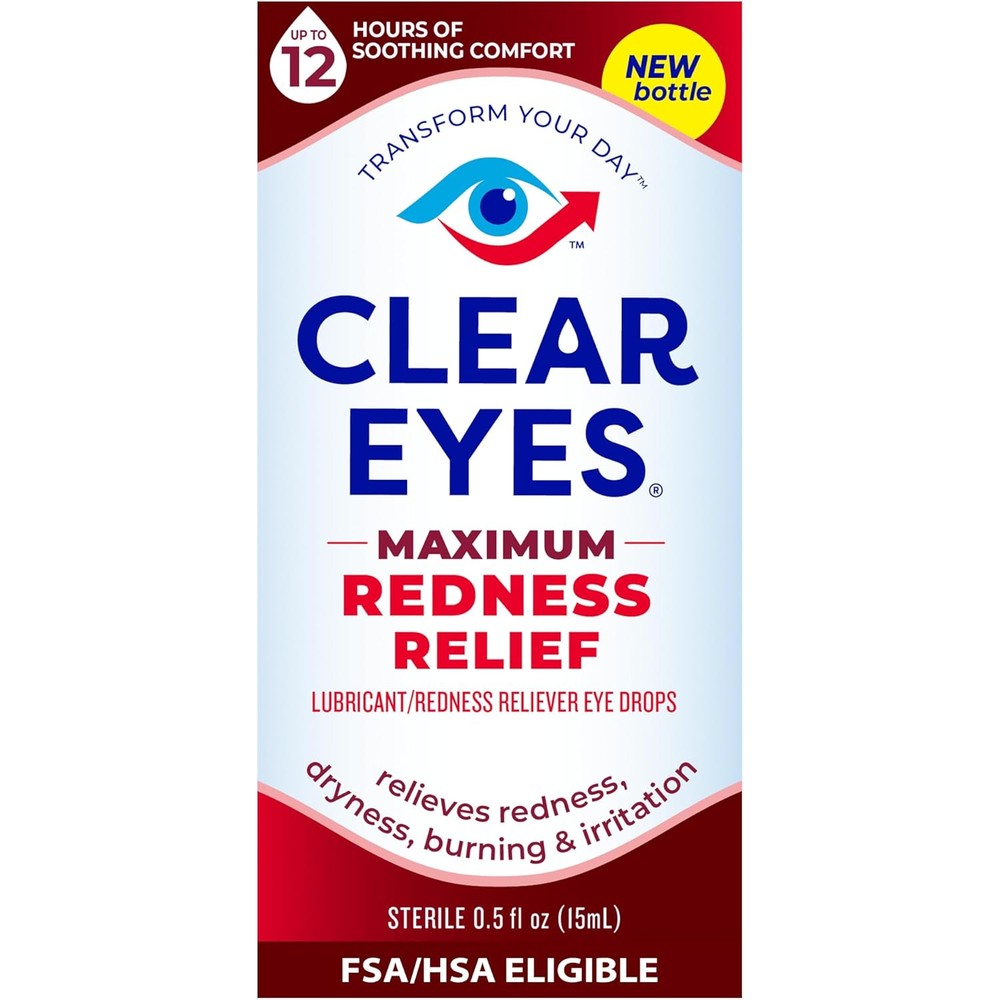 Clear Eyes Maximum Redness Relief bottle front view for eye irritation relief.