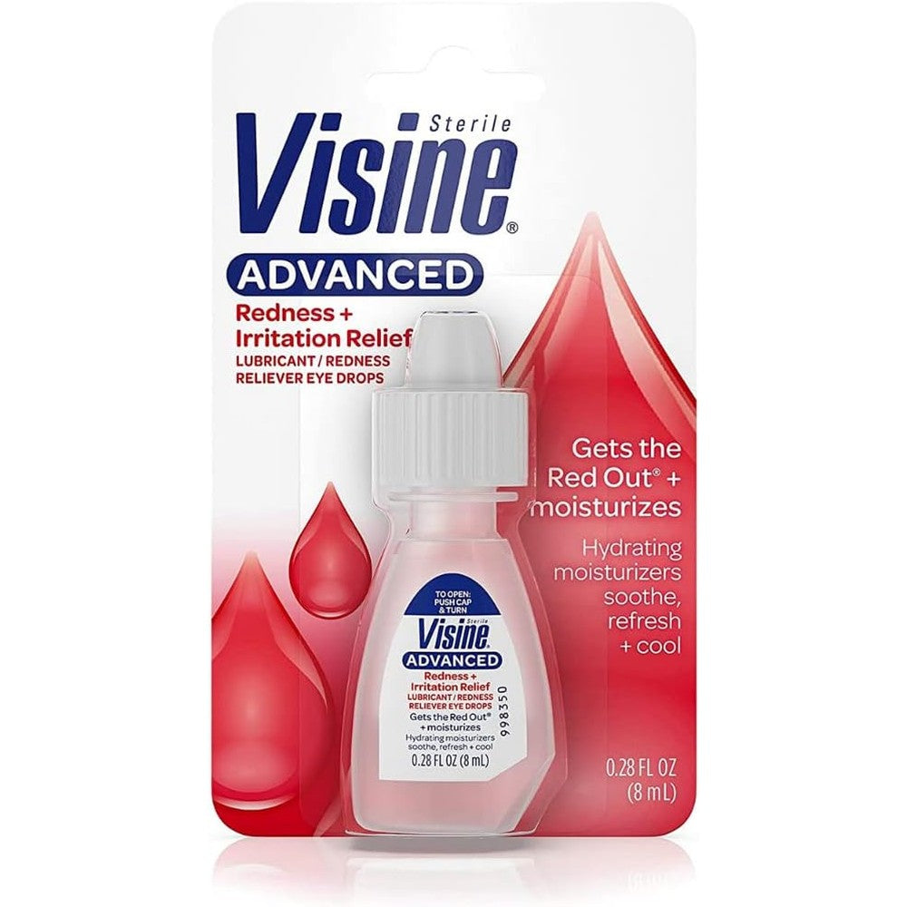 Visine Advanced Relief Redness Reliever bottle front view for fast eye irritation relief.