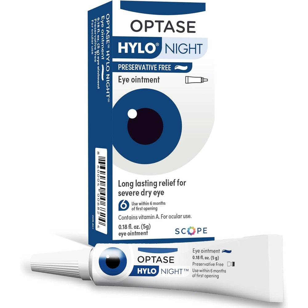 Optase HYLO Night Ointment 0.18 Ounce front packaging for dry eye relief.