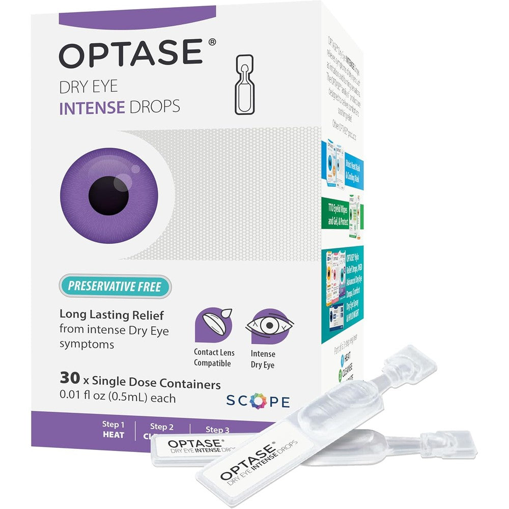 Optase Dry Eye Intense Drops 30 single dose vials front packaging view.