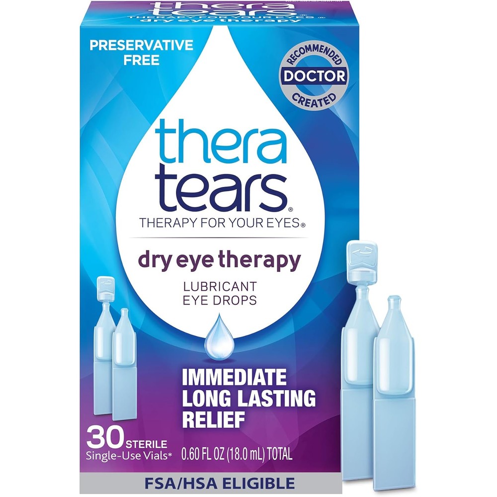 TheraTears Dry Eye Therapy 30 vials front packaging for lubricant eye drops.