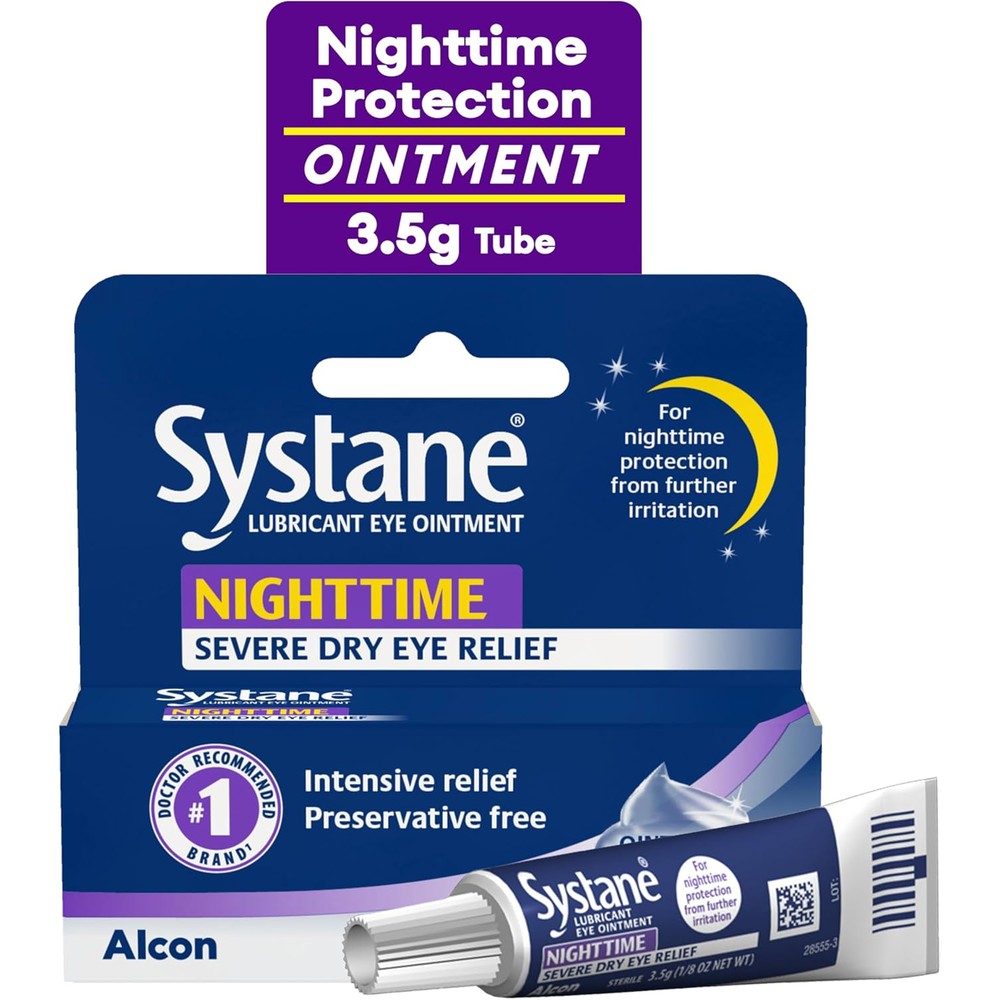 Systane Nighttime Lubricant Eye Ointment 3.5g tube front view for dry eye relief.