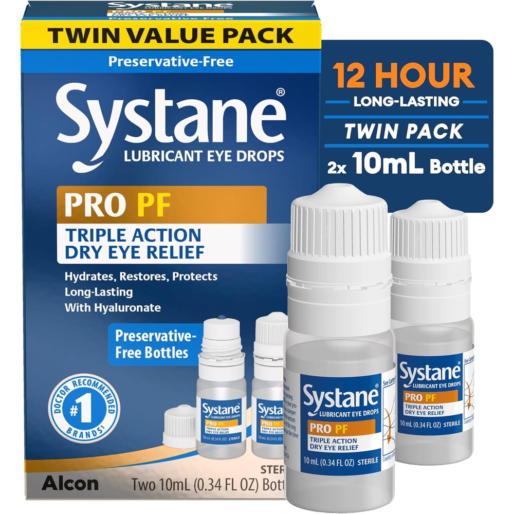 Systane PRO PF Multi-Dose Preservative-Free Eye Drops front view twin pack for dry eye relief.