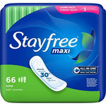 Stayfree Maxi Pads Super 66 Count front view packaging.
