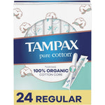Tampax Pure Cotton Tampons 24 count front packaging showing organic cotton certification.