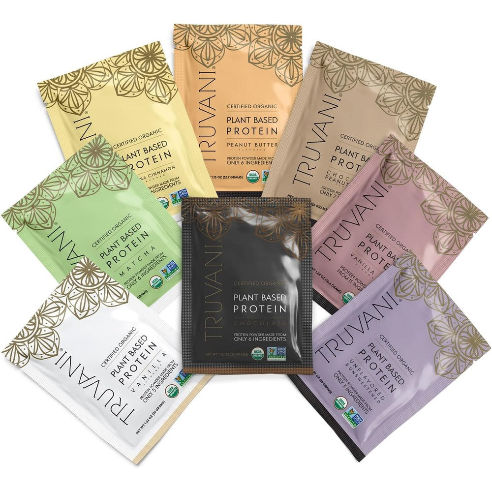 Truvani Vegan Pea Protein Powder Sample Pack front view organic plant protein