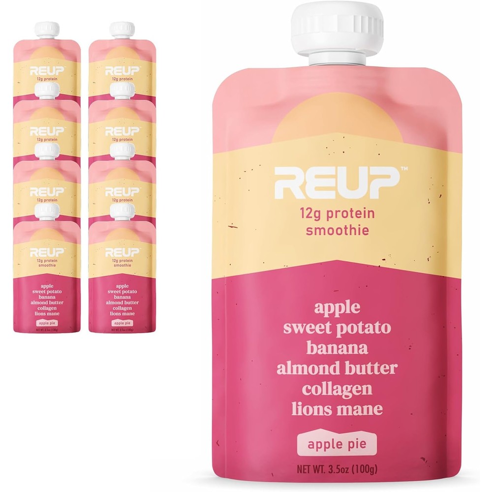Reup Collagen Protein Smoothie front view showing Apple Pie flavor and protein content.