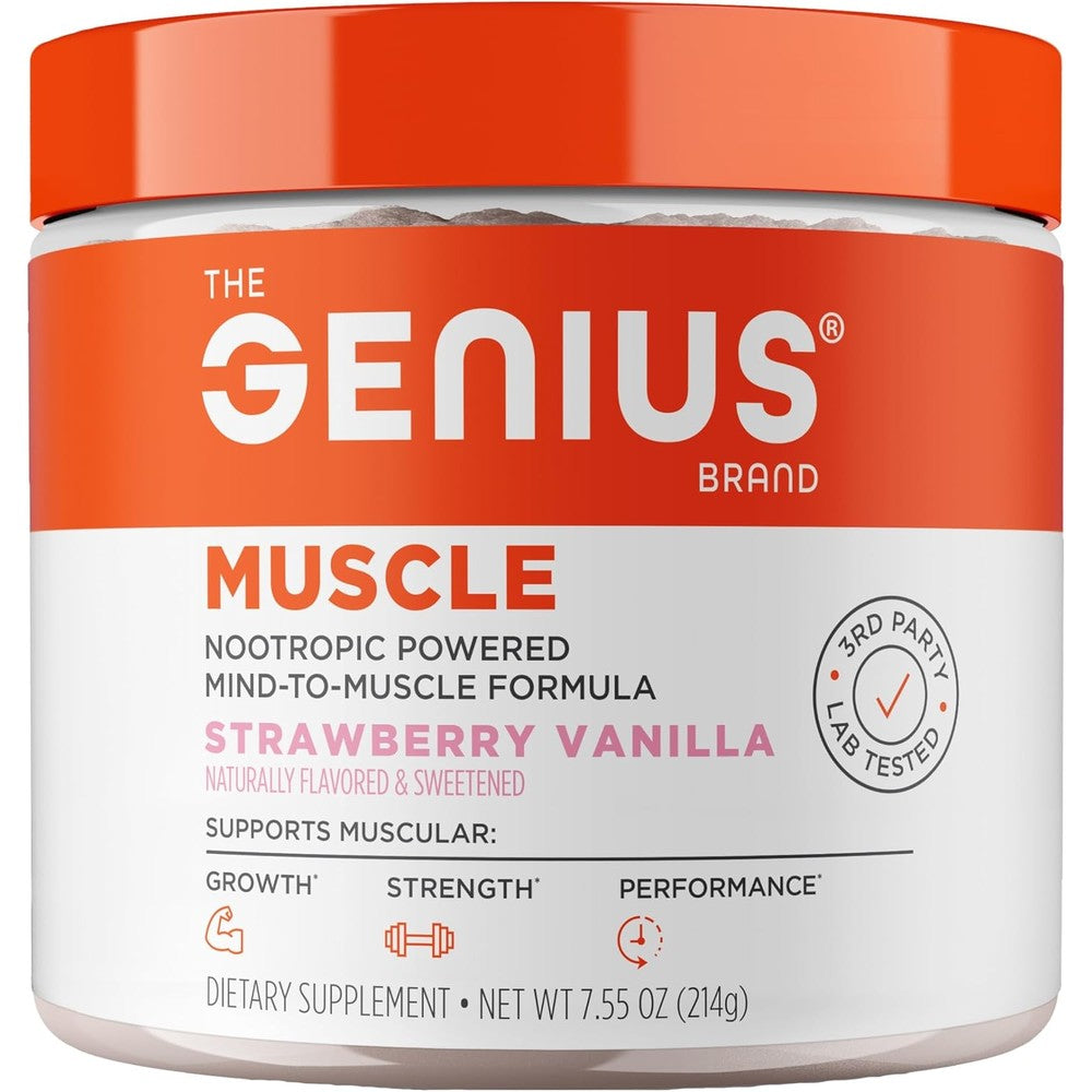 The Genius Brand Genius Muscle Growth and Endurance Supplement front view naturally flavored powder.