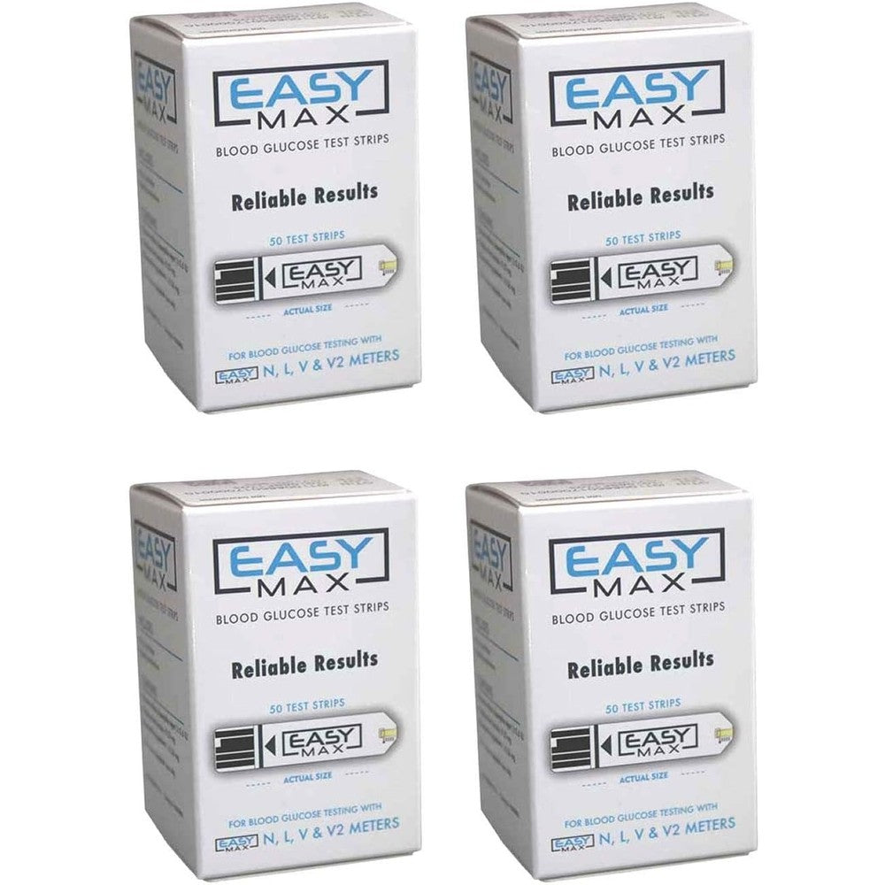 EasyMax Blood Glucose Test Strips front packaging view showing four boxes