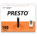 AgaMatrix Presto Blood Glucose Test Strips box front view for authentic diabetes monitoring.