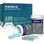 Metene TD-4116 blood glucose test strips box and vials front view for diabetes monitoring.