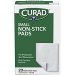 Curad Non Stick Sterile Pads 2x3 inch 20 count front box view for painless first aid care.