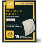 Medline Bordered Gauze front packaging view showing fifteen sterile adhesive island wound dressings.