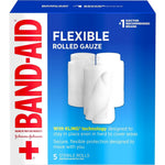 Band-Aid Flexible Rolled Gauze Dressing front packaging view for premium wound care.