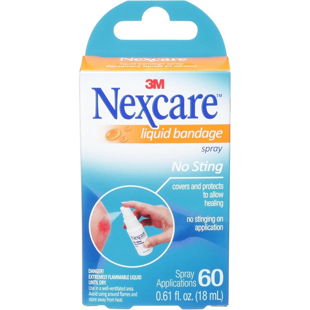 3M Nexcare No Sting Liquid Bandage Spray front view showing packaging on a clean medical background