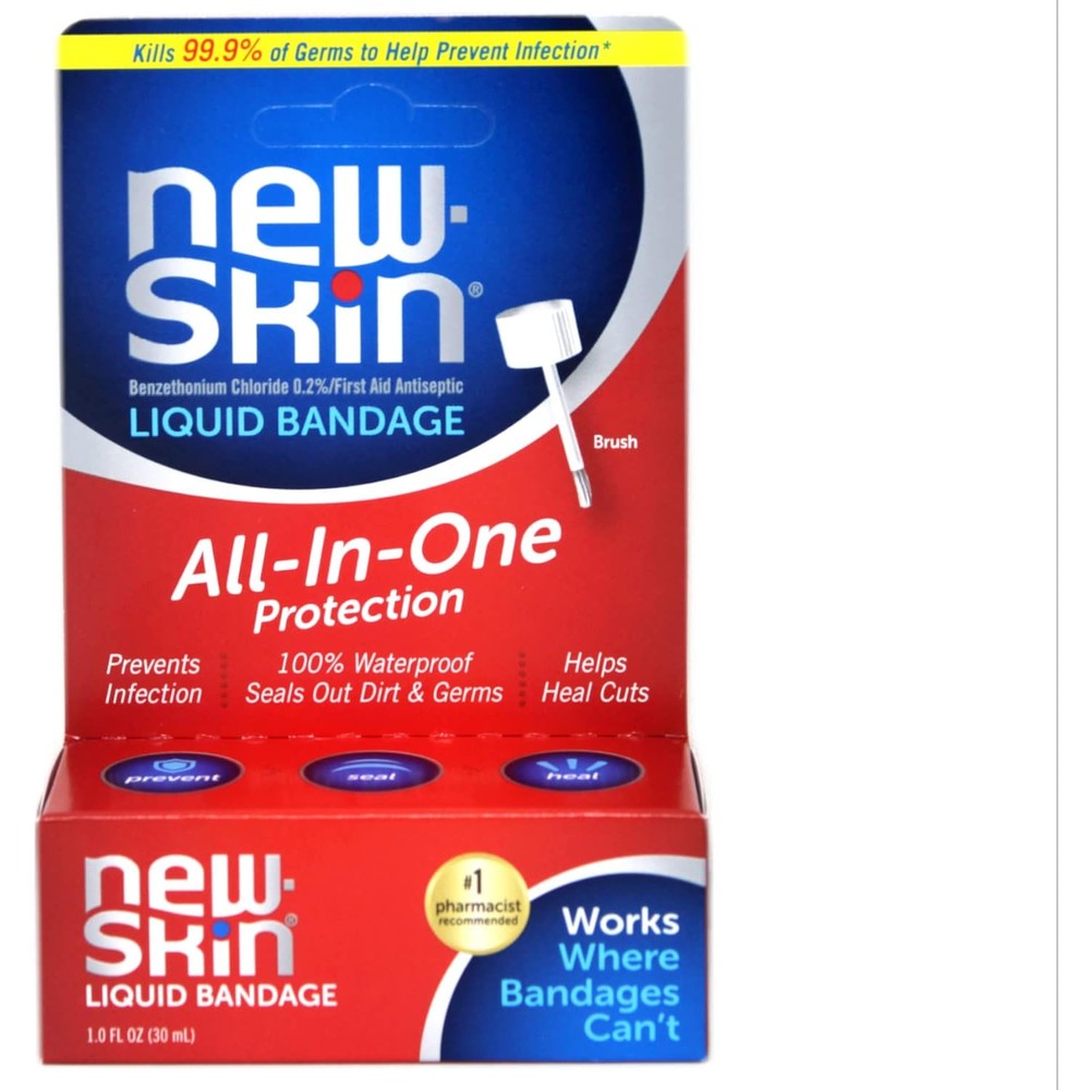 New-Skin First Aid Antiseptic Liquid Bandage one fluid ounce bottle front view showcasing the packaging.
