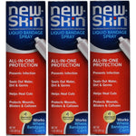 New-Skin Liquid Bandage Spray front view pack of three canisters for first aid wound protection.