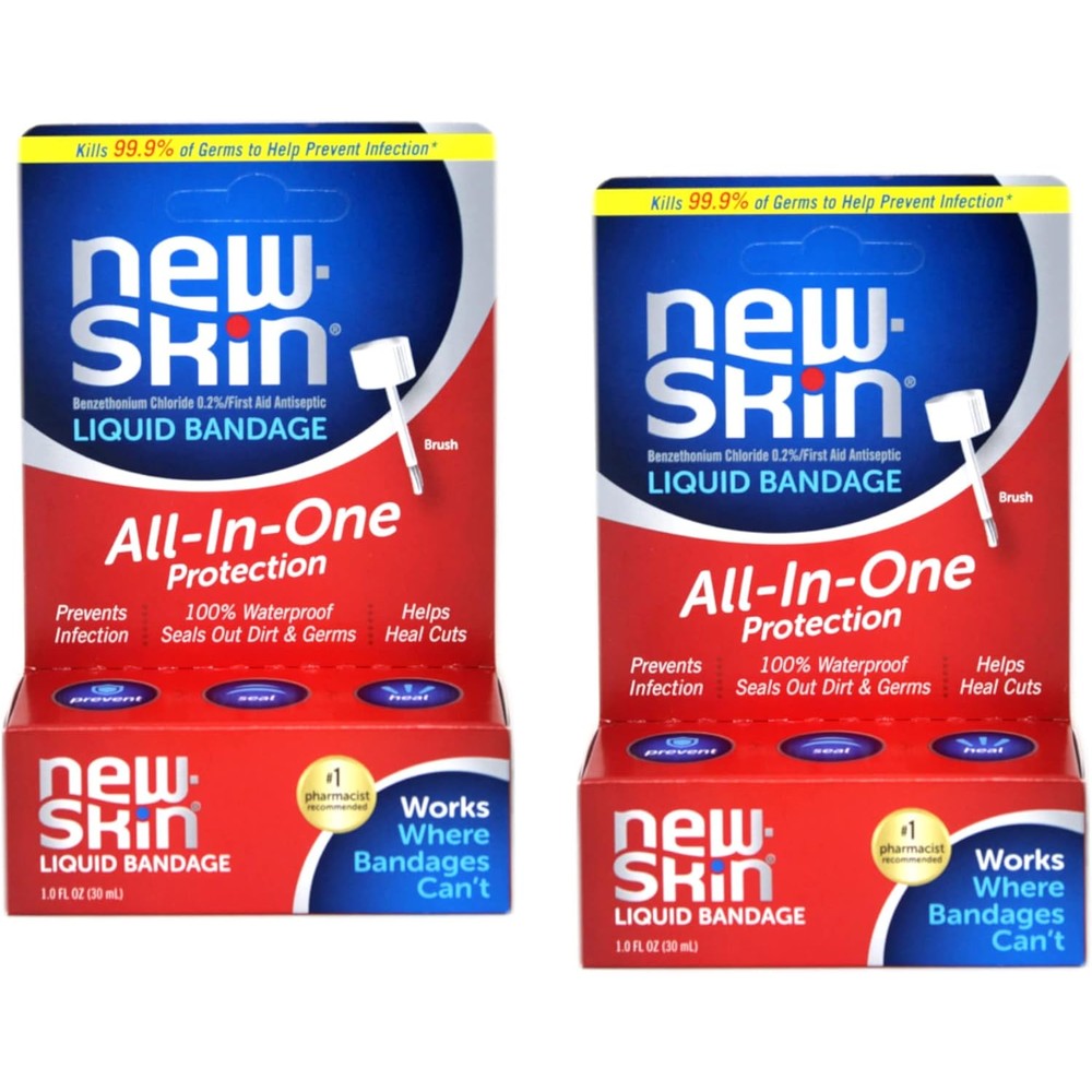 New Skin liquid bandage front packaging view showing the waterproof antiseptic bottle for minor cuts