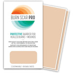 Burn Scar Pro Silicone Scar Sheets front packaging showing two large patches.